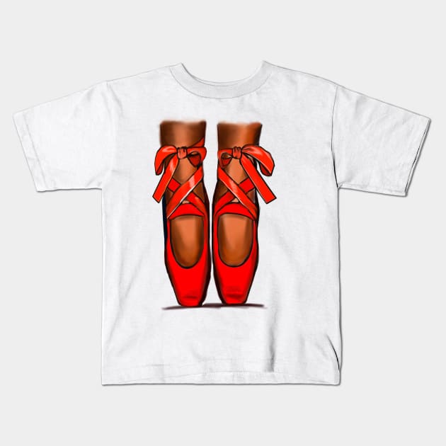 Ballet shoes - brown skin ballerina in ballet pointe shoes with ribbon laces Kids T-Shirt by Artonmytee